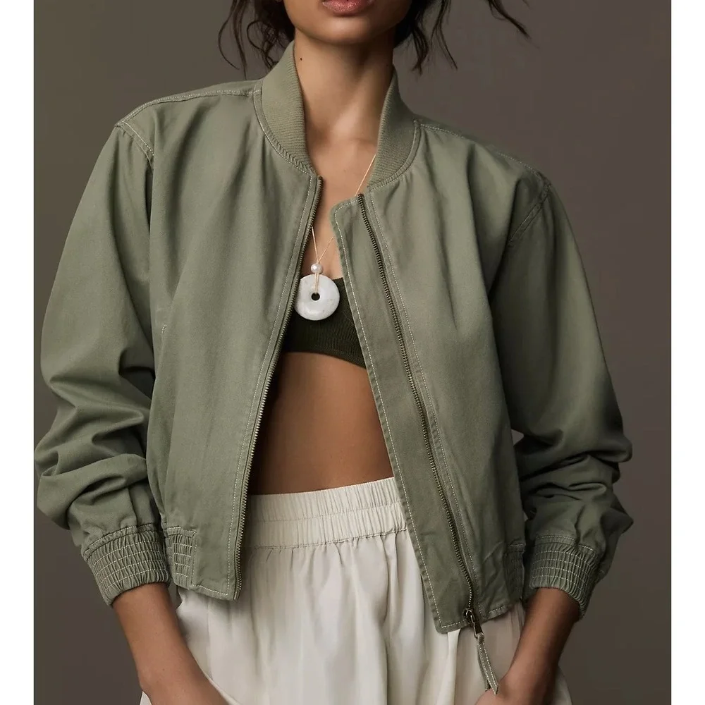 Pilcro Canvas Cropped Bomber Jacket Sage Green Womens XL Zip Front Utility